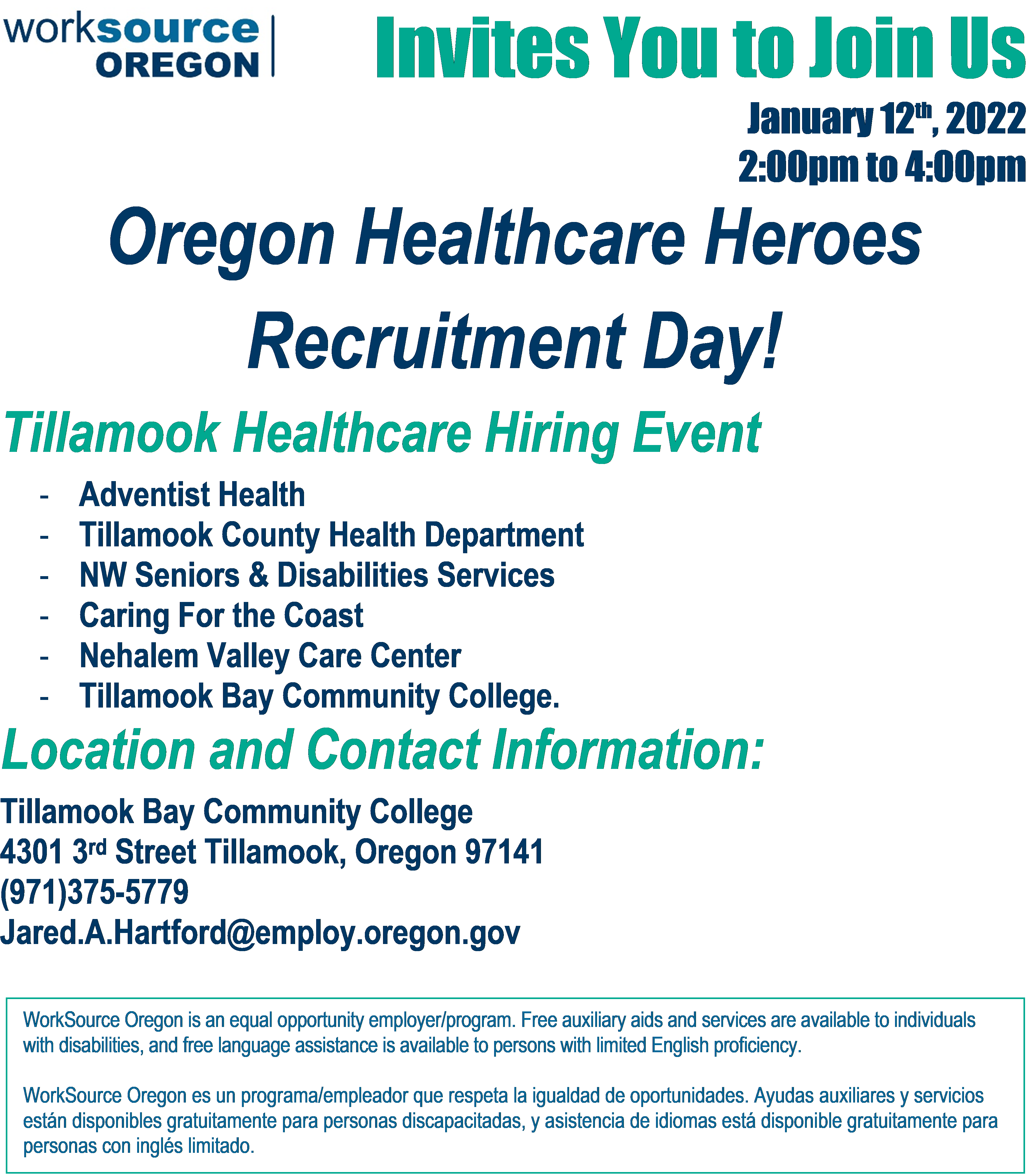 Oregon Healthcare Heroes Recruitment Day - Tillamook Area Chamber of  Commerce